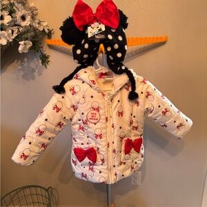 Disney Minnie Mouse White and Red Puffer Jacket with Hat and Gloves